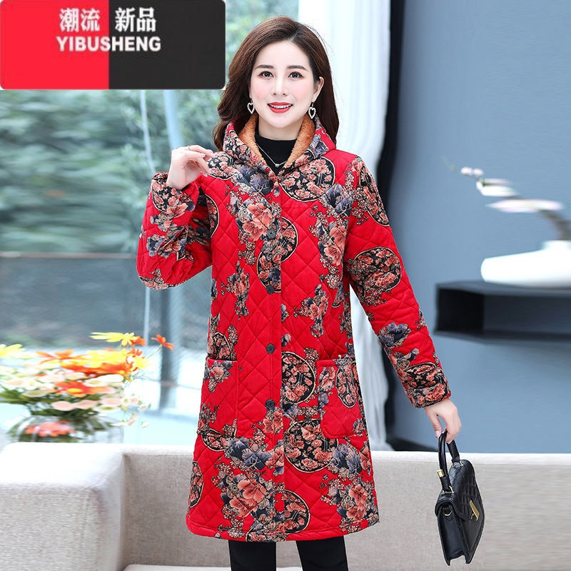 yibusheng妈妈装棉衣女加绒加厚棉服加大码中老年女装中长款棉袄外套