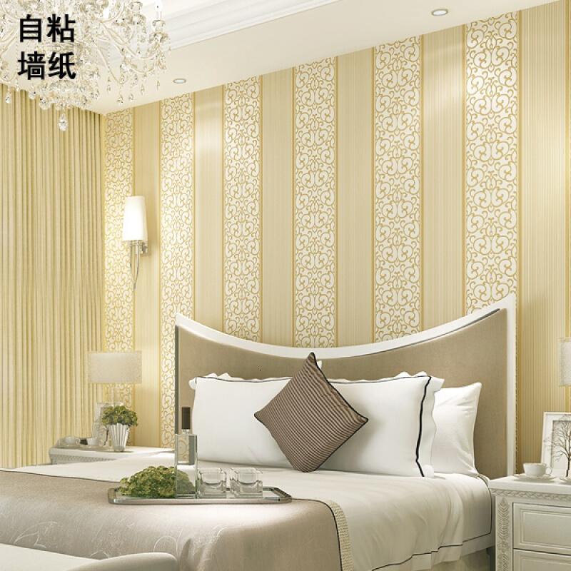 18新款时尚欧式无纺布自粘墙纸3D立体竖条纹壁纸卧室客厅电视背景墙自贴纸装饰贴墙贴588601米白5米价大