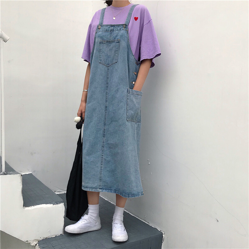夏装女装韩版学院风口袋宽松百搭中长款牛仔背带裙连衣裙显瘦长裙 牛仔蓝 均码