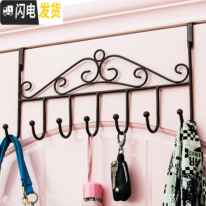 三维工匠铁艺后挂钩免钉上挂衣架挂钩置物架卧室衣帽钩卫生间无痕钩 门挂式--七钩--黑色[买2送1]