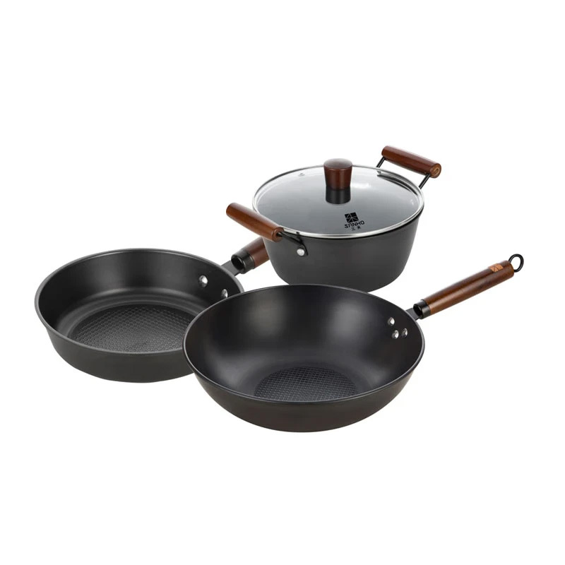 三禾锅具套装汤锅炒锅煎锅底厚壁薄窒化锤纹龙铁锅三件套T321