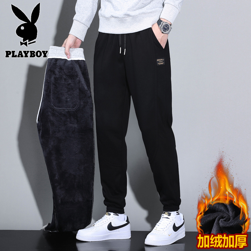 花花公子新款高品质秋冬休闲加绒卫裤男潮牌宽松运动哈伦工装裤子_487高清大图