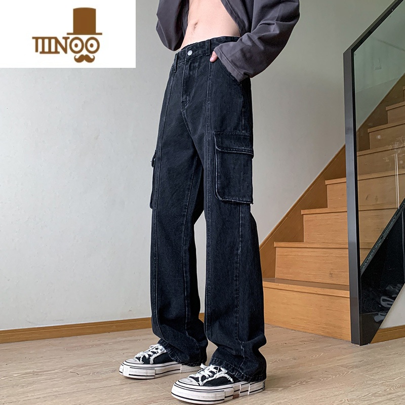 YANXU工装牛仔裤男2023年秋季宽松直筒感阔腿裤潮牌美式高街长裤裤高清大图
