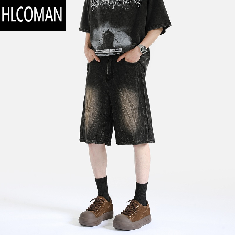 HLCOMAN重工闪电纹牛仔短裤男夏季美式高街水洗做旧宽松直筒五分裤子