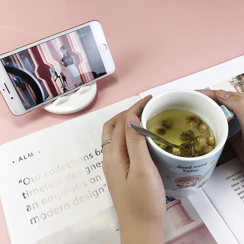 水杯女生高颜值陶瓷马克杯带盖带勺子家用喝水杯卡通创意情侣杯子 420ml彩虹小女孩[蓝色] 单杯[无盖勺]