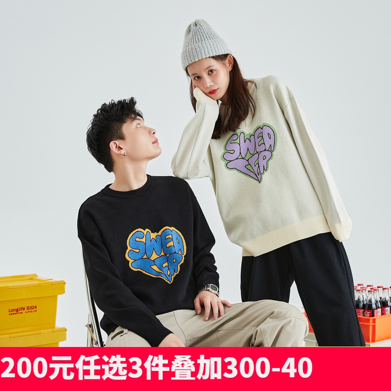 [2.5折价118元]唐狮新款情侣毛衣男女圆领秋冬情侣针织衫宽松慵懒风in潮牌