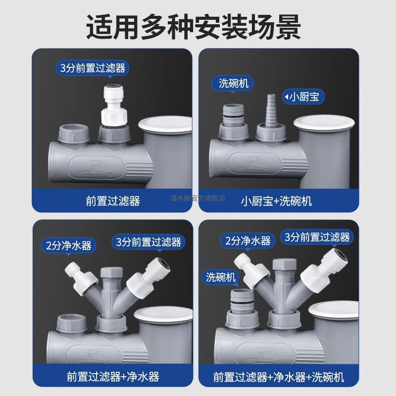 潜水艇厨房下水管三通管道防臭神器洗碗机净水器排水管三头通接头xsw-10橱柜排水拓展DIY