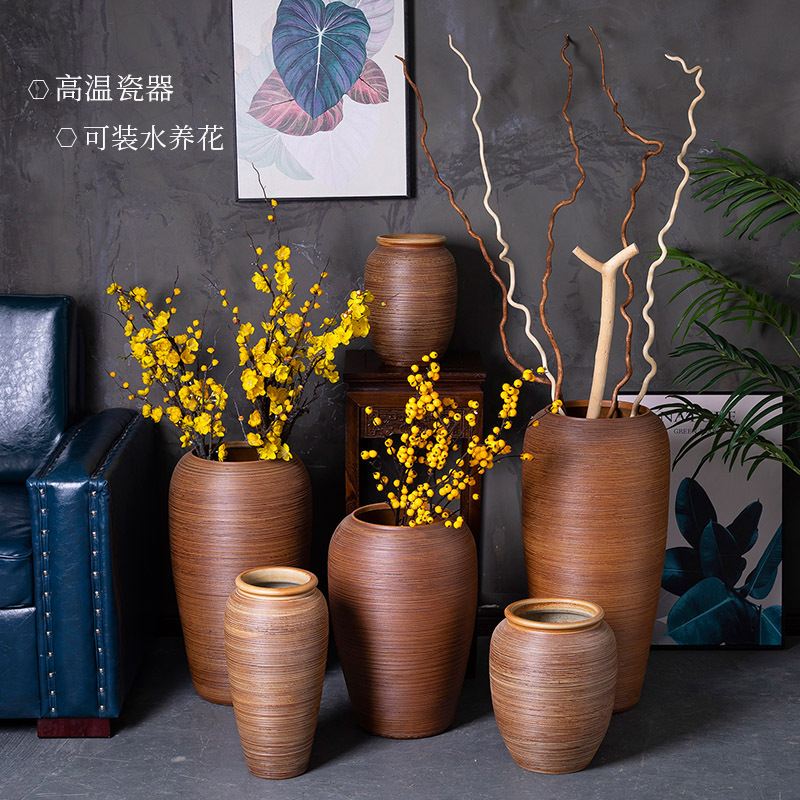 景德镇陶瓷花瓶摆件现代简约客厅插花中式大圆口窑变大号粗陶花瓶 三维工匠 黛蓝粗陶小号
