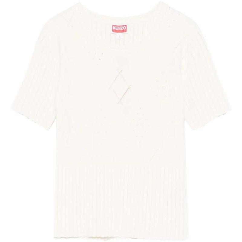 KENZO女士短袖T恤米白蕾丝纹优雅休闲百搭小香风上衣