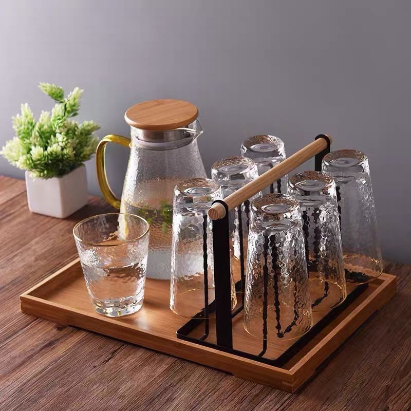 托盘玻璃杯水杯挂架沥水置物架杯架水杯架创意家用收纳杯子架倒挂 咖啡木柄架送胶套