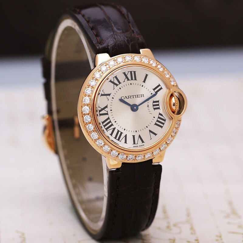 二手95新卡地亚蓝气球系列18k玫瑰金后镶钻28mm石英机芯女士手表wjbb
