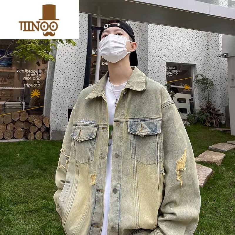 YANXU黄泥染牛仔外套男秋季美式高街潮牌复古上衣oversize毛边vibe夹克高清大图
