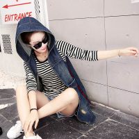 波迷娜(BOMINA)马夹2021春秋韩版新款破洞牛仔连帽马甲女中长款无袖背心坎肩外套 蓝色