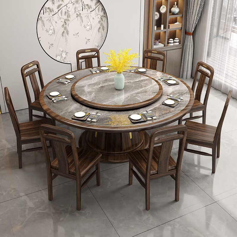 青木川 简约现代实木餐桌椅组合套装客厅家用大小户型别墅酒店农村1.5米1.6米大圆桌转盘8-10人圆形吃饭桌子带转盘高清大图
