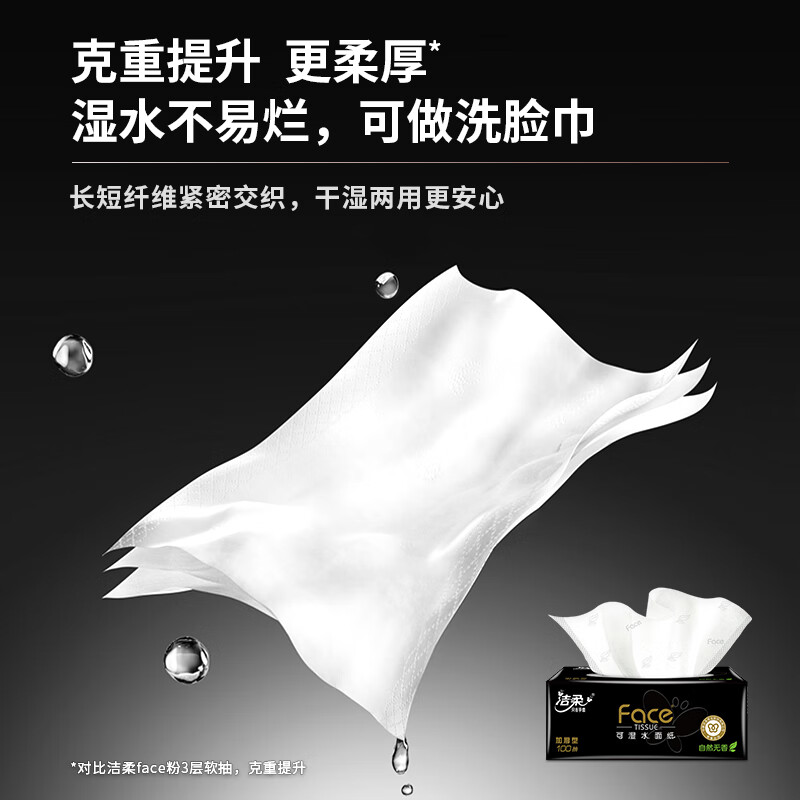 洁柔抽纸 黑Face可湿水3层100抽*30包 面巾纸 厚实 干湿两用纸巾 整箱高清大图