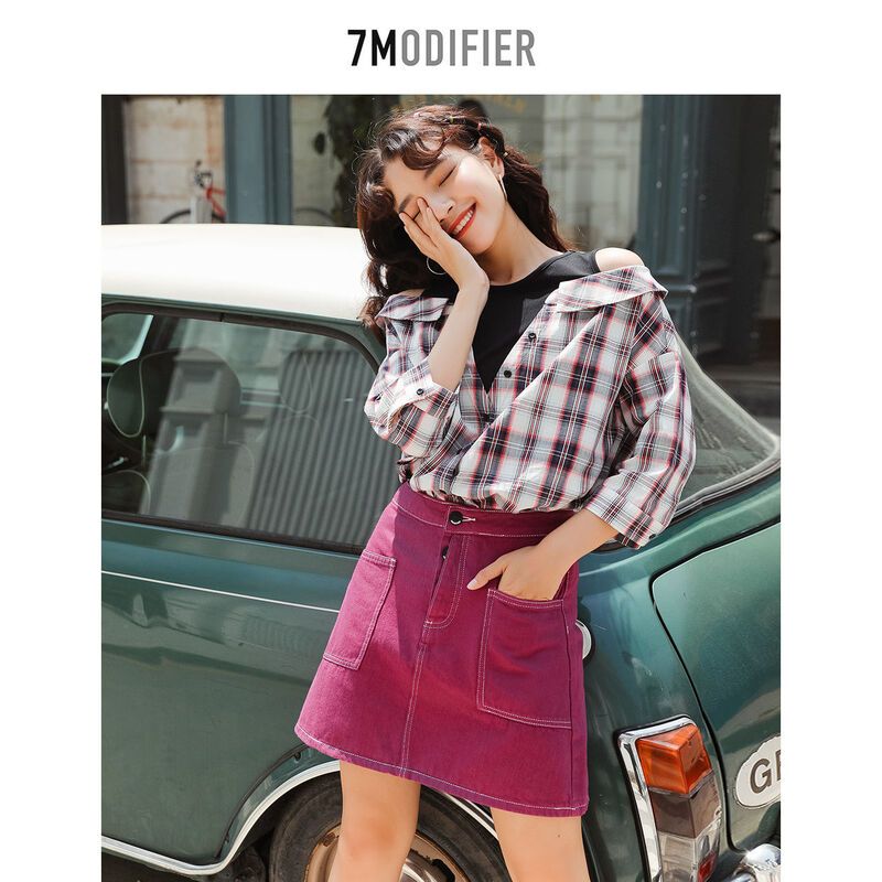 拉夏贝尔7M牛仔半身裙女夏季高腰显瘦百搭休闲a字裙短裙