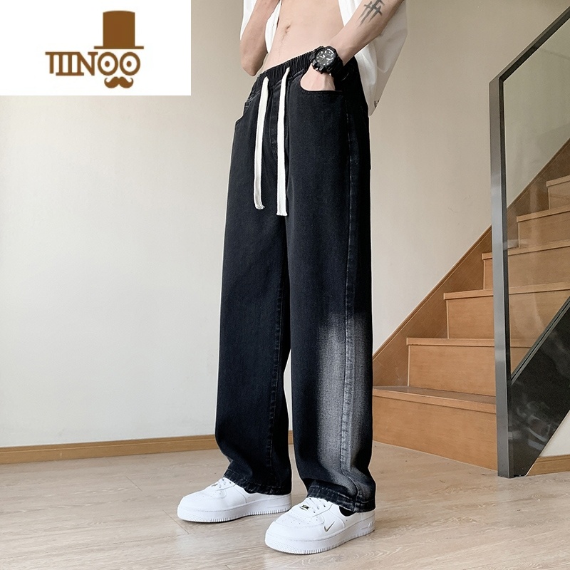 YANXU松紧腰直筒宽松牛仔裤男2023新款潮流百搭青少年休闲长裤子高清大图