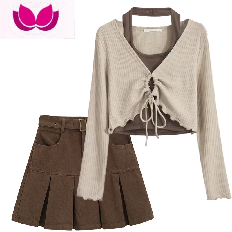 七斓早春季盐系穿搭套装网红洋气不规则抽绳上衣百褶裙短裙套女生高清大图