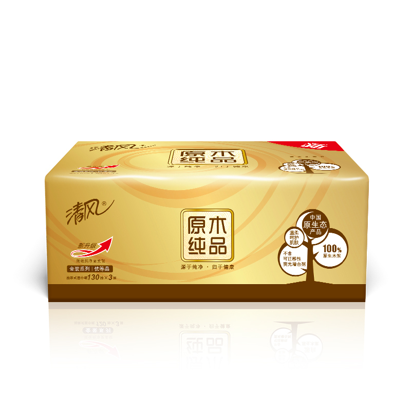 清风 抽纸 原木金装3层130抽24包中规格(中幅)抽取式卫生纸巾面巾纸(整箱销售)