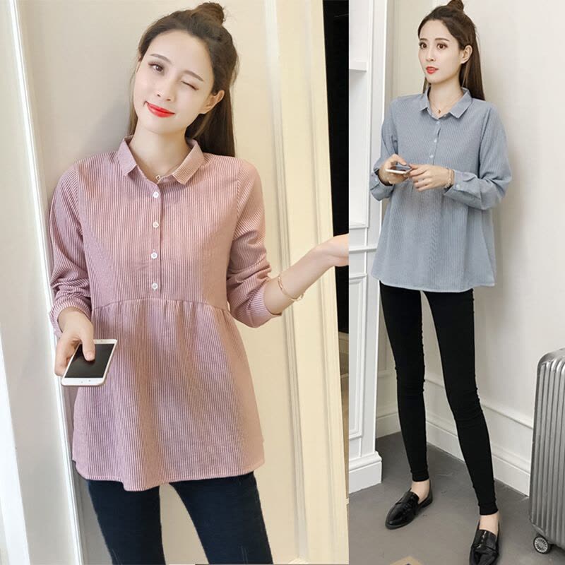 迪鲁奥(DILUAO)孕妇装套装时尚款2021新款秋装孕妇衬衫外出潮妈娃娃衫上衣两件套图片