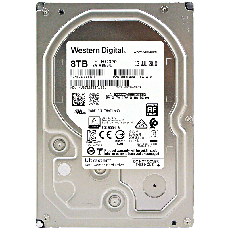 西部数据(WD) 8TB 机械硬盘(HC510 氦气密封|250万小时/MTBF|五年质保)