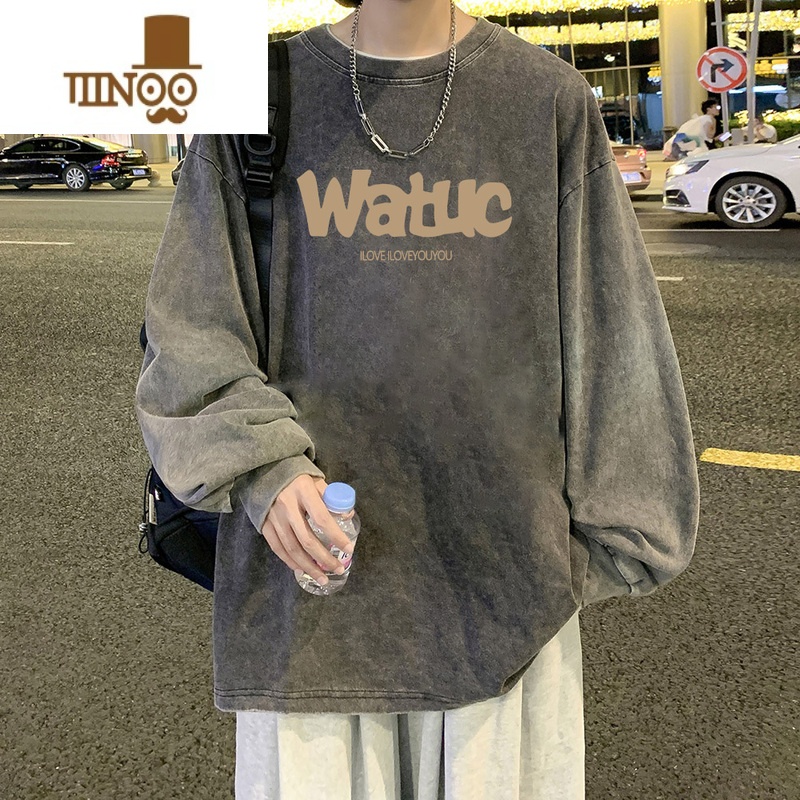YANXU美式水洗长袖t恤男生ins宽松百搭圆领卫衣oversize高街潮牌打底街高清大图