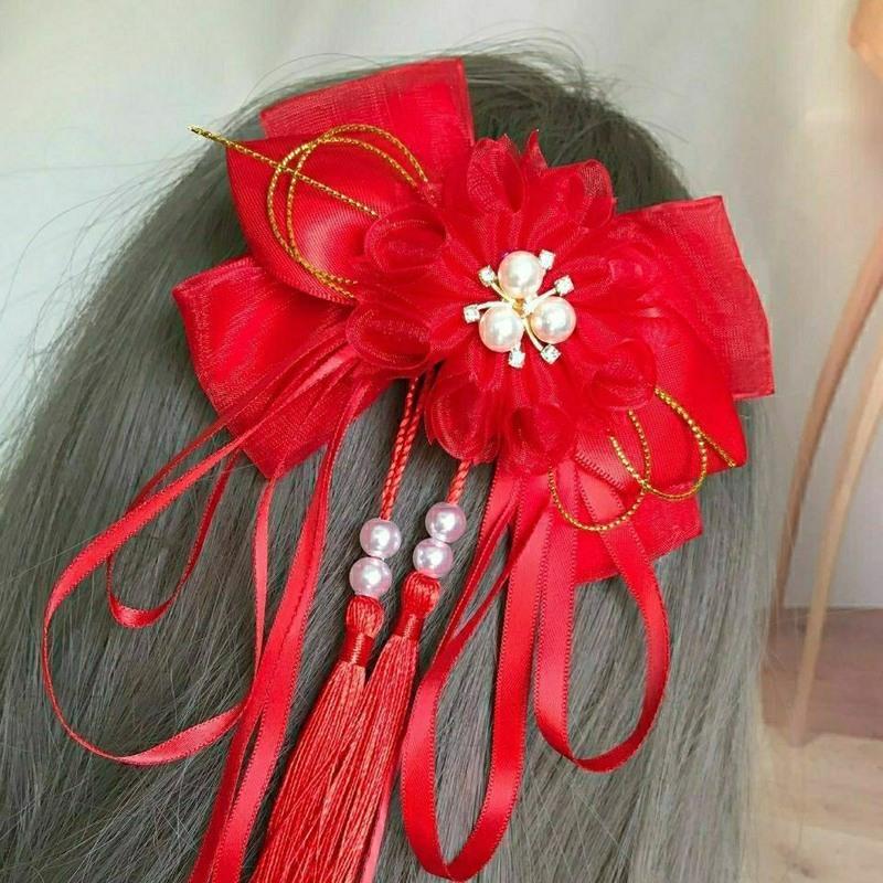 蝴蝶梦红色儿童汉服头饰蝴蝶结发夹头花小女孩古风发饰流苏超仙蝴蝶结