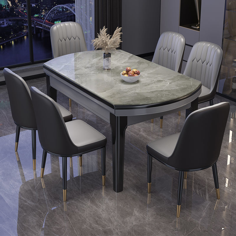 欧梵森 餐桌 意式亮光岩板餐桌轻奢实木可伸缩 折叠餐桌椅组合现代简约家用小户型圆桌长方形吃饭桌子欧式极简餐厅西餐桌高清大图