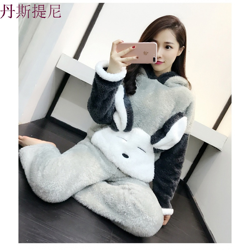 冬季套头睡衣女士冬天珊瑚绒可爱卡通可外穿加厚法兰绒家居服套装