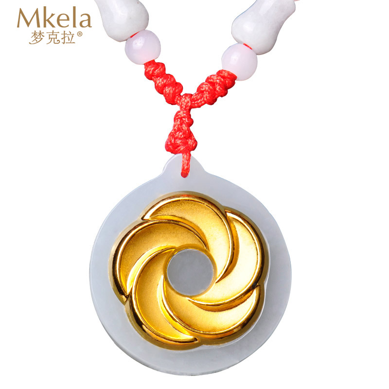梦克拉 Mkela 足金镶和田玉海棠花吊坠女款 金镶玉吊坠 3D硬金 风花雪月 冰糯种 玉石吊坠高清大图