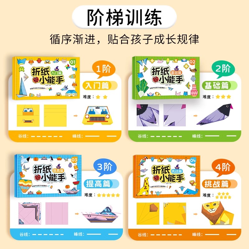 [全4册128张]折纸小能手 [正版]折纸小能手入门篇基础篇提升篇挑战篇四册折纸儿童剪纸手工幼儿园手工幼儿园3d立体专注高清大图