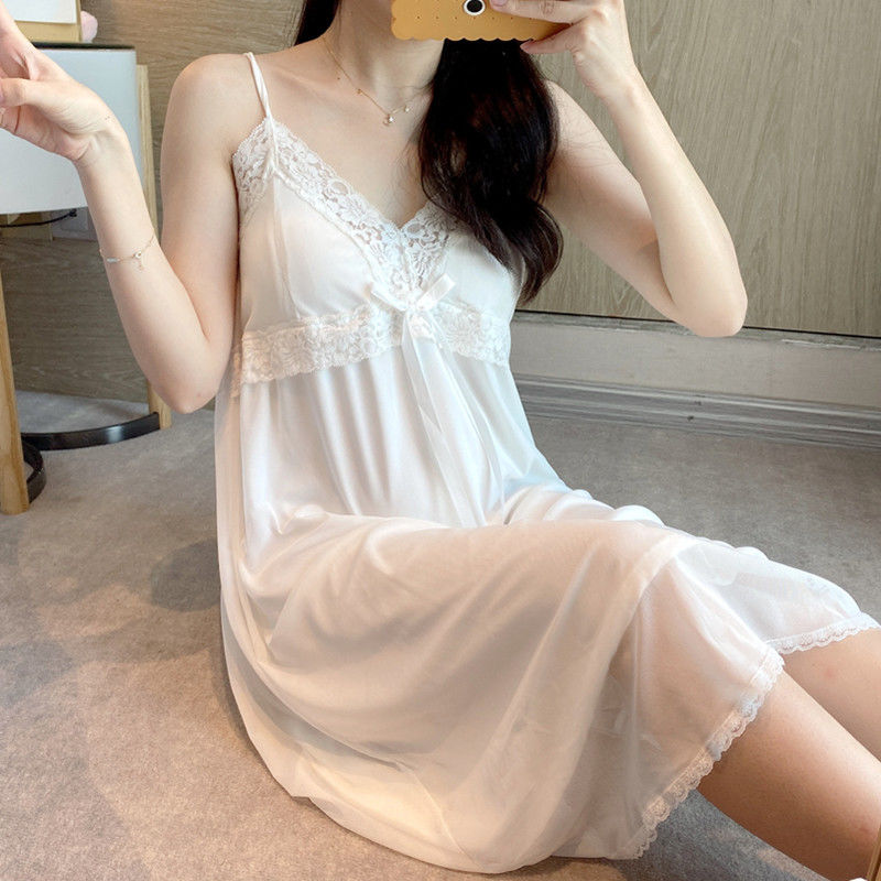 带胸垫吊带睡衣女夏季薄款冰丝性感可爱宫廷公主风蕾丝仙睡裙性感 7109#白色 M