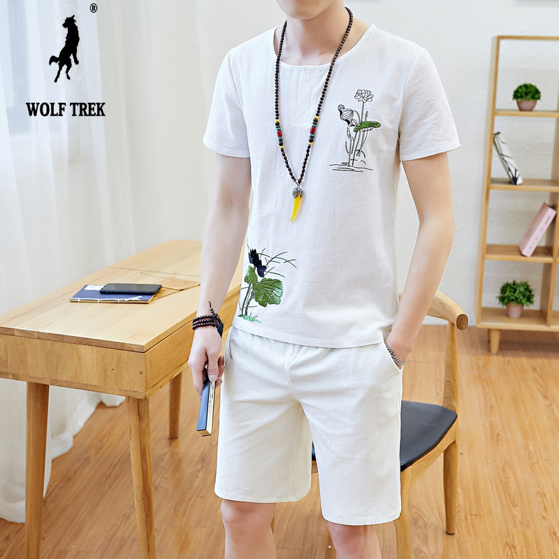 WOLFTREK男装休闲套装男夏季两件套中国风短袖t恤潮流短裤荷花刺绣套装 L 白色