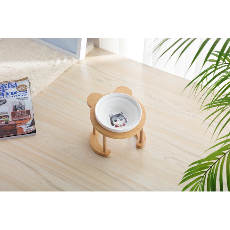猫碗高脚猫咪喂食碗保护颈椎斜口狗碗可爱猫盆双碗陶瓷饮水宠物 可爱竹木红猫小姐+单碗套装 猫咪/小型犬