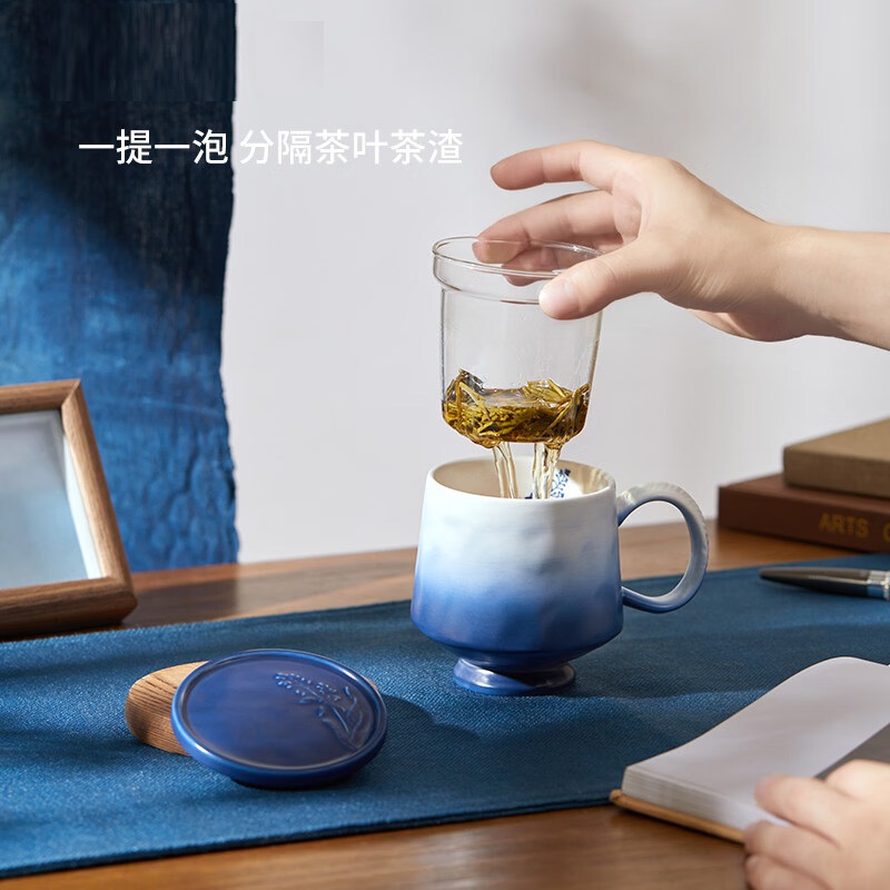 马克杯带盖勺女生礼物染韵生花水杯子生日礼物送伴手礼盒蓝染(陶瓷茶漏)高清大图