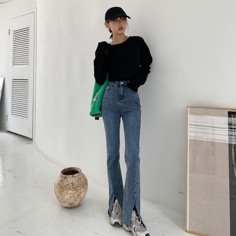 2021年新款开叉牛仔裤女开衩微喇叭裤子拖地长裤春季新款高腰修身显瘦分叉