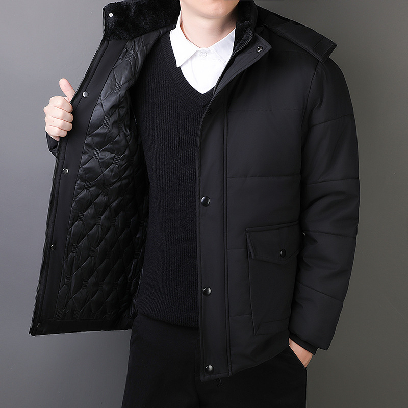 啄木鸟中老年商务夹克衫男士秋冬加绒加厚爸爸保暖连帽大码外套男 9986黑色连帽加棉款 XL