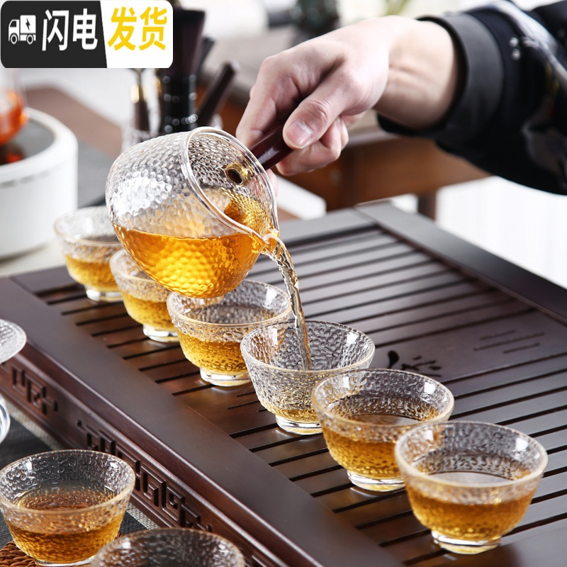 三维工匠玻璃茶具套装家用日式简约透明泡茶壶加厚整套功夫茶盘茶杯煮茶器 檀木茶盘套装A(16件套)