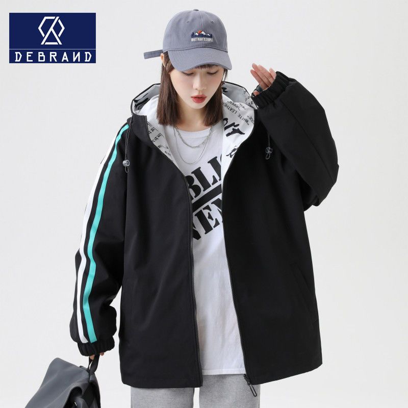 DEBRAND双面衣外套女2022春季新款韩版涂鸦印花宽松百搭连帽夹克