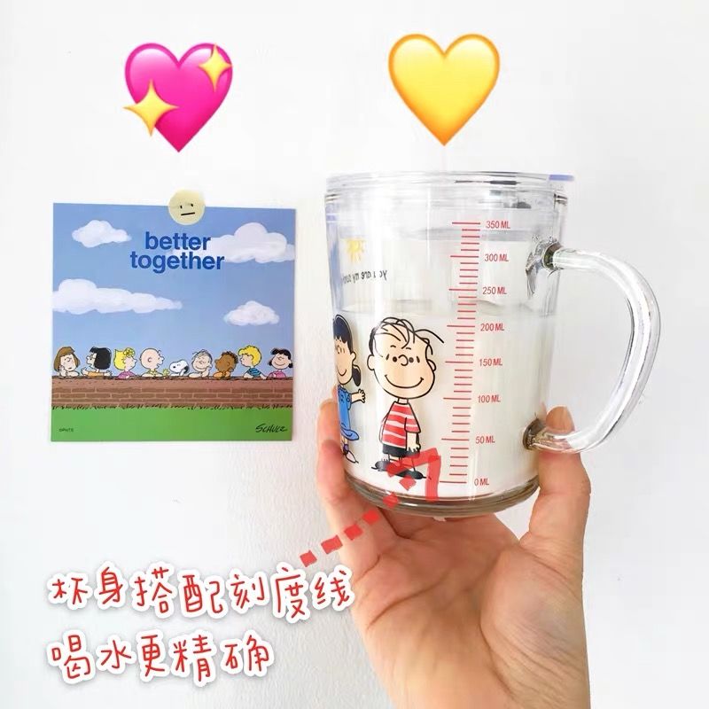 卡通史努比把手玻璃杯女学生韩版可爱刻度防摔吸管杯家用泡茶水杯 史努比把手单杯