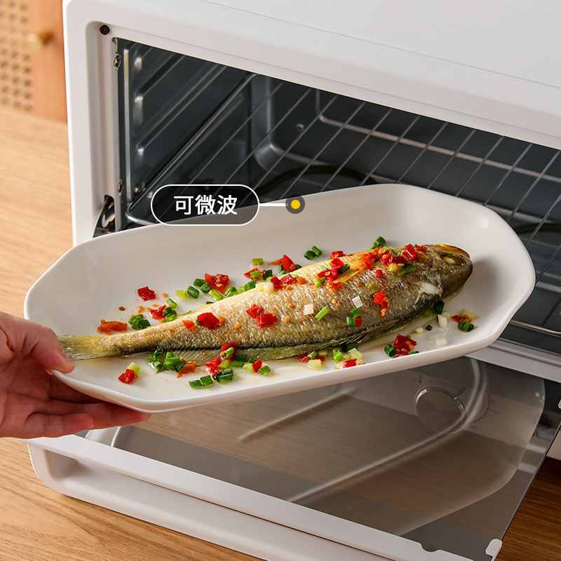 洁雅杰 鱼盘大号中式12英寸白瓷陶瓷蒸鱼盘子家用菜盘饺子盘微波炉可用