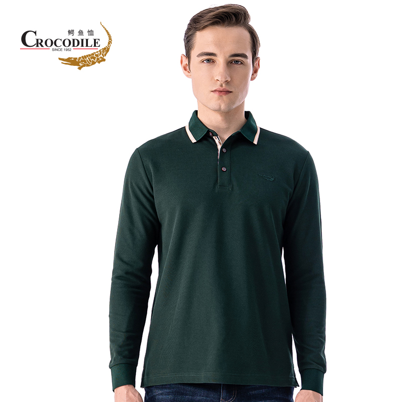 鳄鱼恤CROCODILE 秋季新品 男士商务休闲简约纯色长袖polo衫 顺丰发货 BA-53508 XL 054中绿色