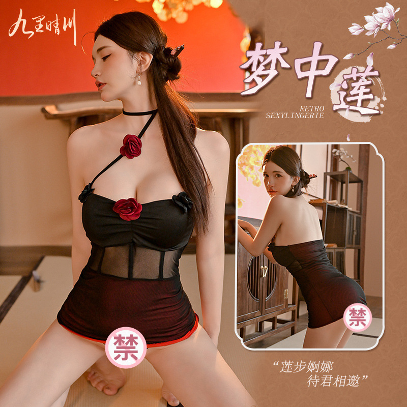九里晴川暗夜玫瑰性感辣妹透视网纱玫瑰挂脖修身褶皱包臀裙情趣 九里晴川Q0113[玫瑰挂脖连衣裙] 均码高清大图