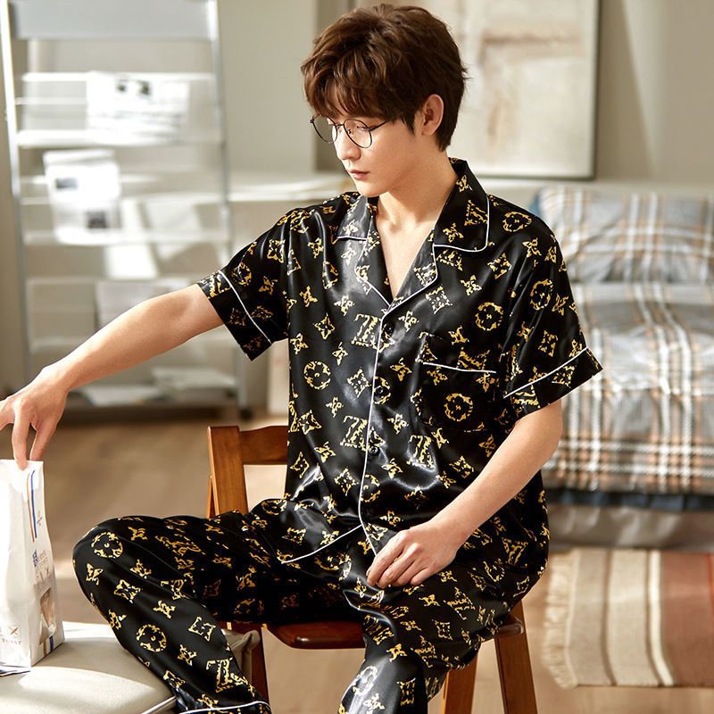 南极人夏天冰丝短袖睡衣男青年开衫薄款透气丝绸睡衣宽松短裤套装家居