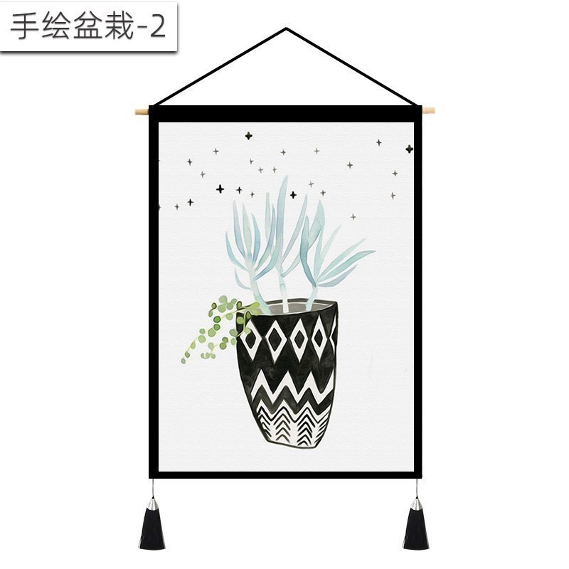 北欧挂画布艺墙布挂布背景布挂毯三联装饰画 客厅卧室房间床头 手绘盆栽-2 （绒）宽45cm*高65cm