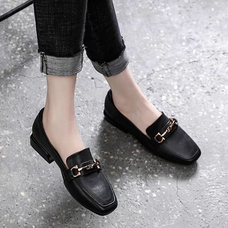 芮音百丽真皮单鞋女仙女风中跟方头乐福鞋粗跟女士皮鞋大码女鞋米色35