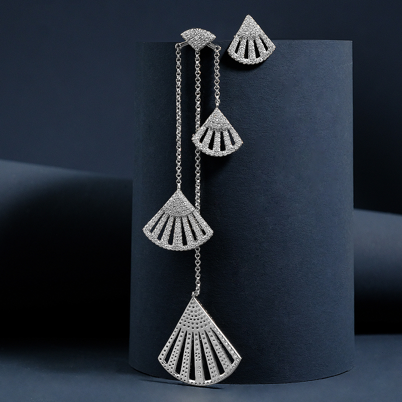 apmmonaco不对称扇形长耳环女925银镶晶钻长款耳坠时尚个性耳饰ae9229