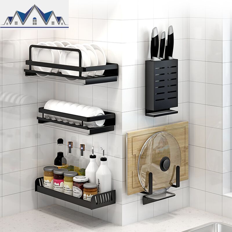 免打孔厨房置物架壁挂式调味品收纳黑色调味料架子神器储物挂钩架_3_335高清大图