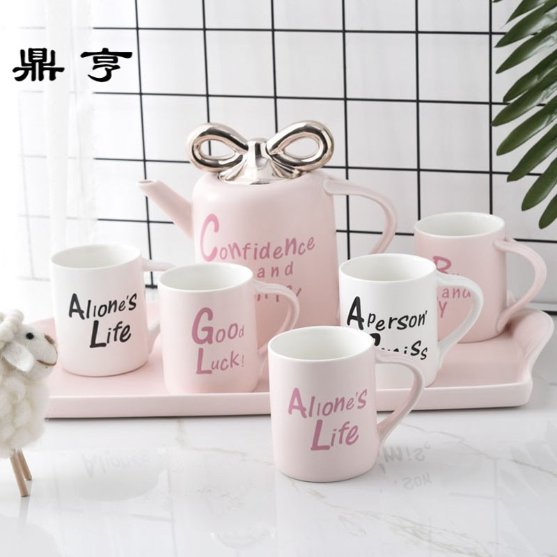 鼎亨蝴蝶结泡茶壶陶瓷茶壶家用凉水壶茶杯整套茶具套装结婚礼品摆