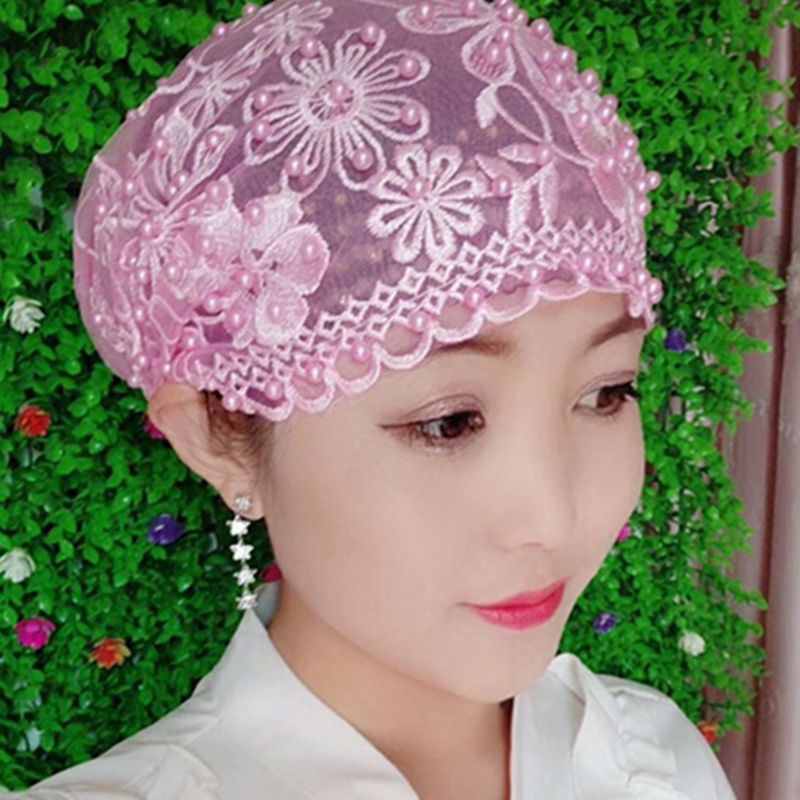 春夏回族头巾纱巾帽子女新款头巾套头包发帽时尚钉珠包头帽 [粉红色-梅花帽]